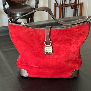 Dooney & Bourke Red Suede Tote with Brown Accents